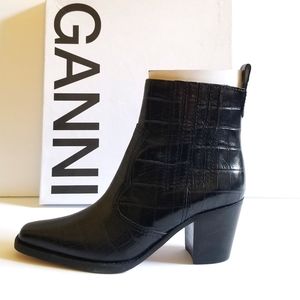 Ganni Croc-Embossed Leather Cowboy Ankle Boots Size 39 US 9 Black